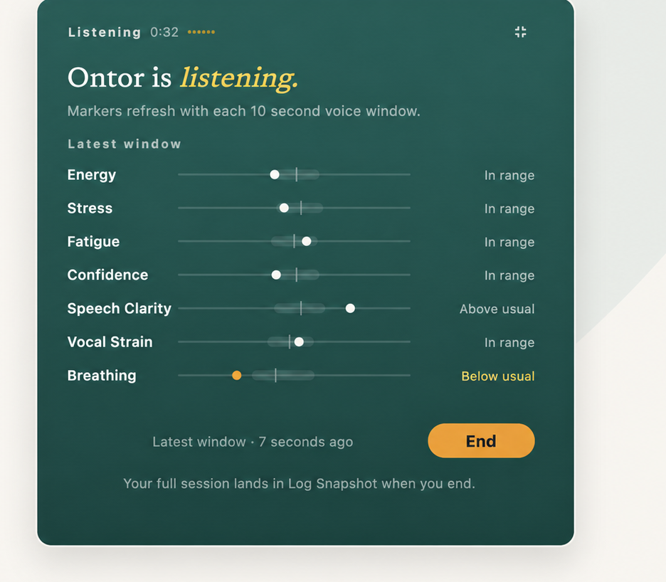 Sabber Ahamed own Ontor live listening view: fatigue and energy compared with personal usual range in short voice windows during a talk session; founder exploratory data