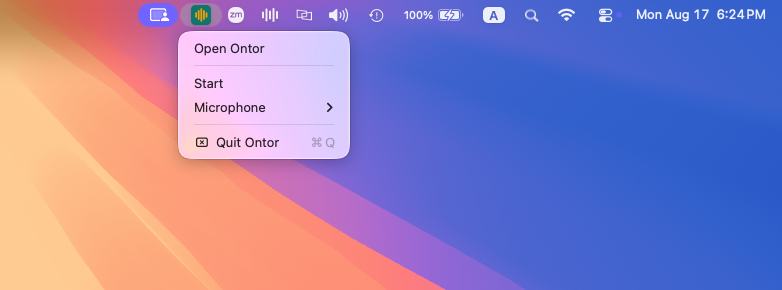 Sabber Ahamed own Mac menu bar with the Ontor icon open beside the Zoom icon, showing Open Ontor, Start, Microphone and Quit options, founder exploratory screenshot
