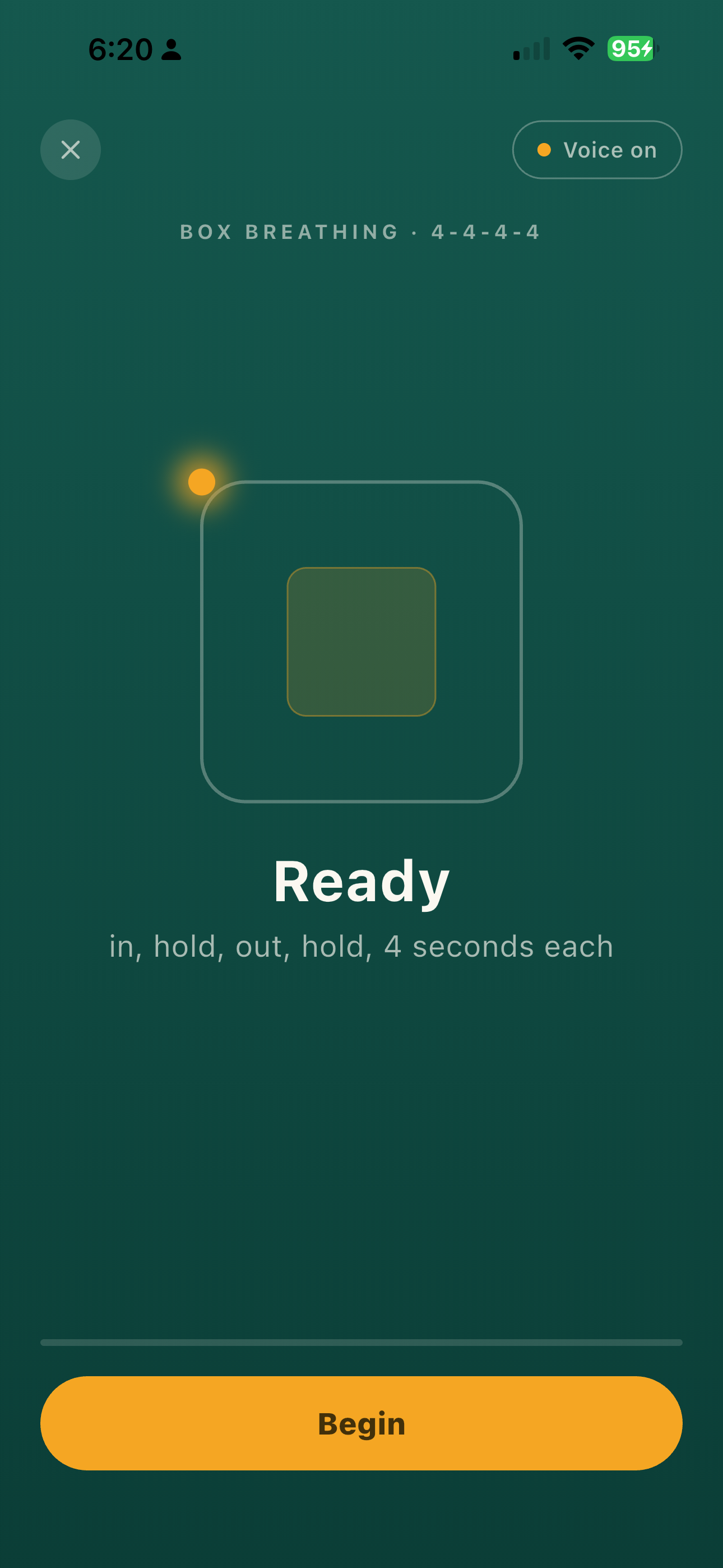 Ontor box breathing reset screen showing a 4-4-4-4 guided reset ready to begin