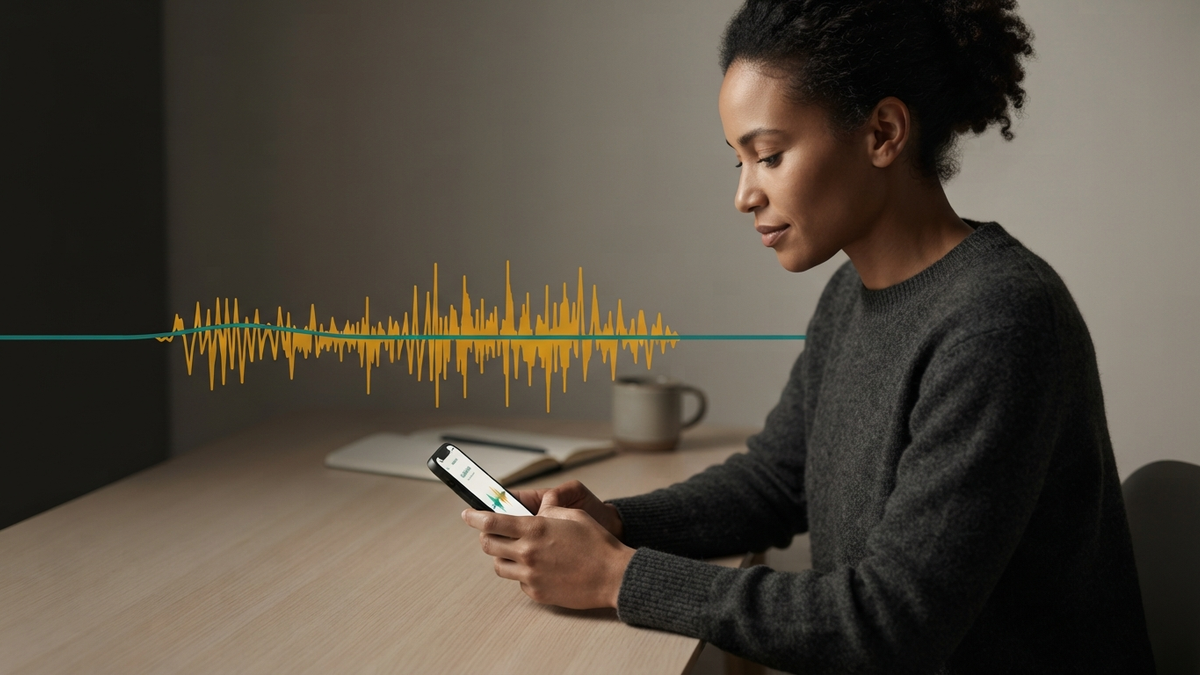 A single voice waveform staying smooth and steady on the surface while jagged, high-amplitude activation keeps climbing just beneath it — the visible calm versus the unfelt strain underneath, in Ontor's teal-and-amber palette.