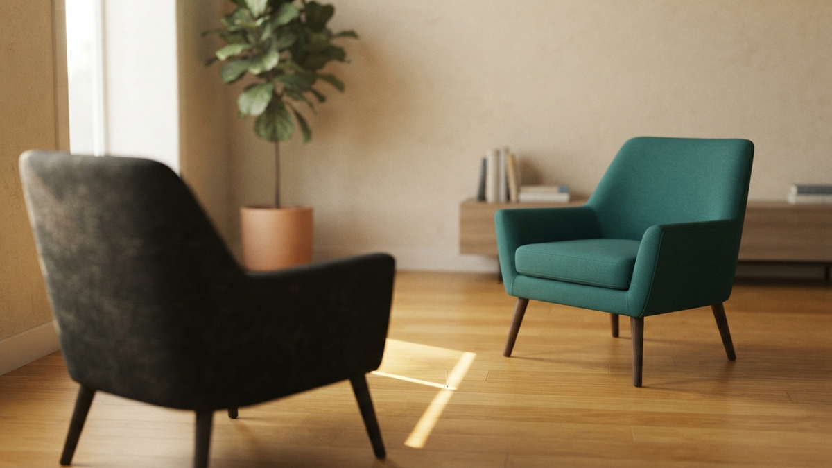 A quiet coaching room at morning light: two chairs facing each other at a slight angle, a small level or plumb-line motif of light on the floor between them, warm paper-toned walls, one chair softly out of focus. Editorial, calm, human — no text, no wearables, no clinical props.