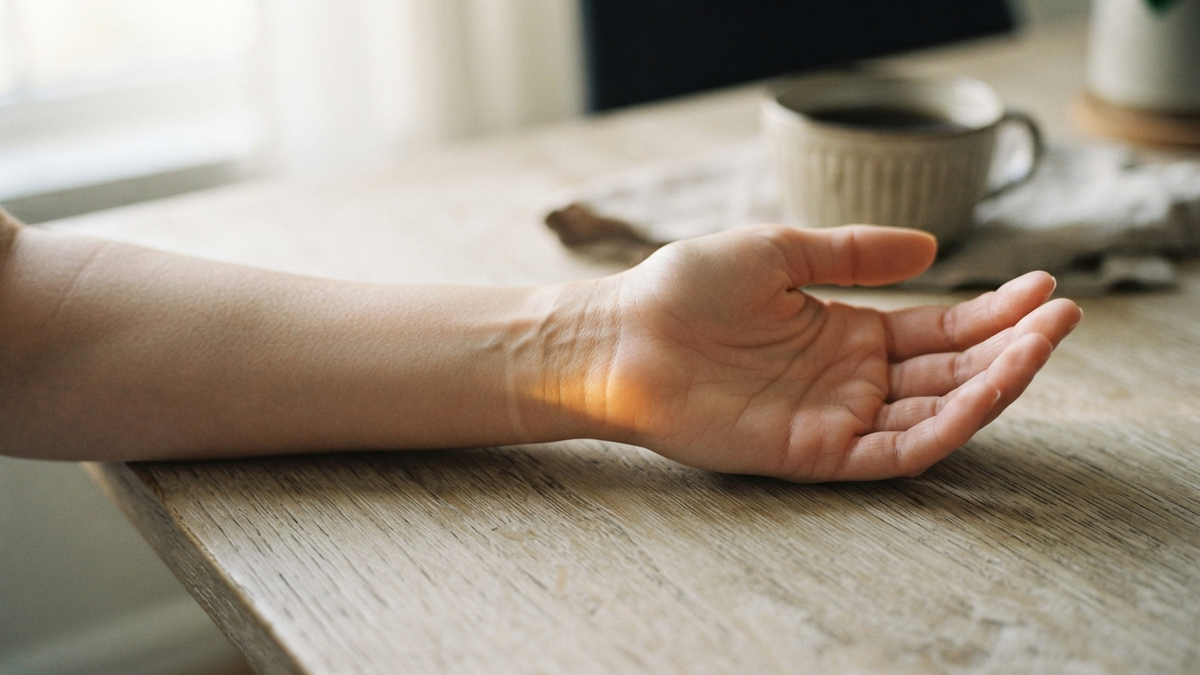 A bare wrist and open hand resting on a pale wooden table in soft morning light, a faint untanned strap-line still visible on the skin — the device already removed, nothing left but the mark it leaves and the ease of the skin now free. Muted paper and ink tones, one small warm amber highlight where the light catches the wrist. No devices, no bands, no rings in frame.