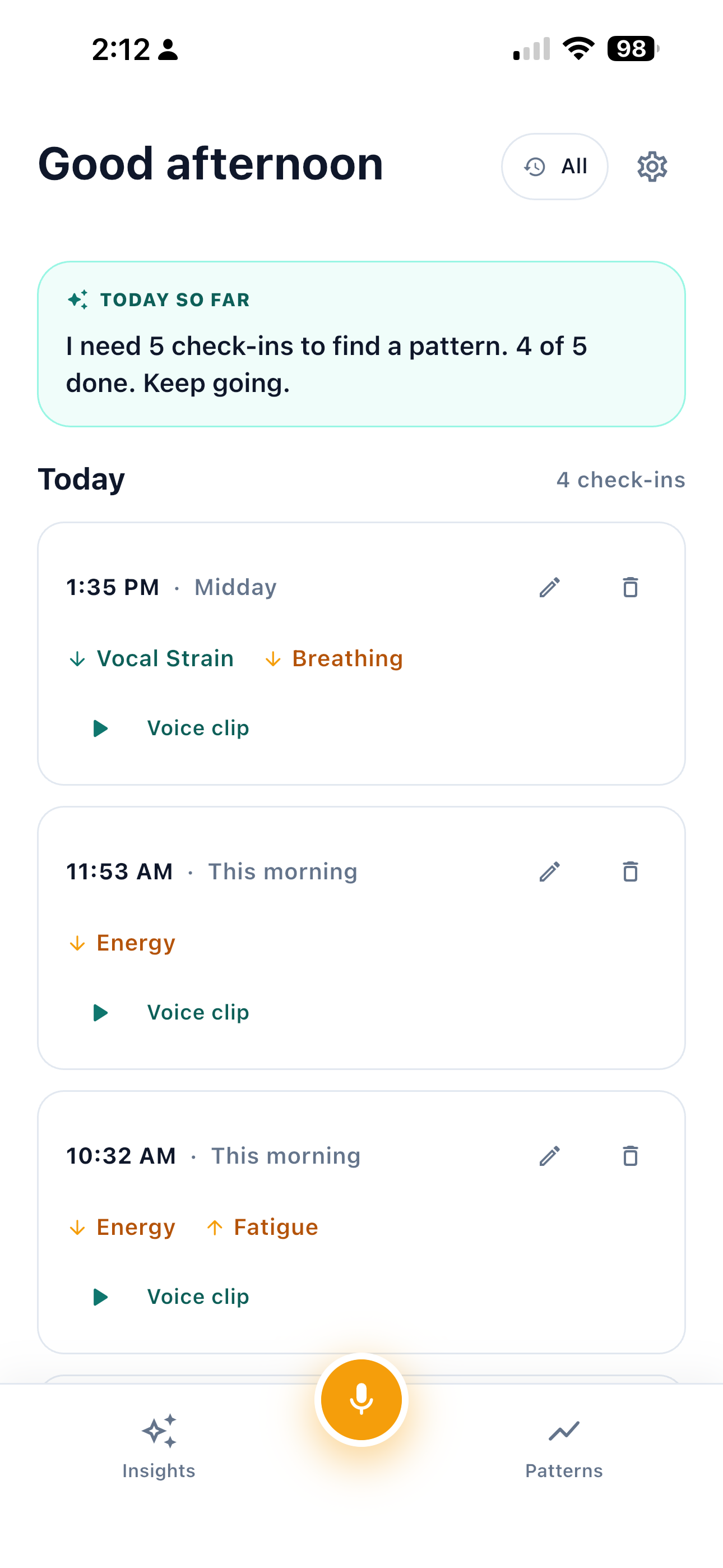 A Ontor day of quick voice check-ins, each showing signals relative to the user's usual range.
